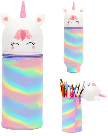 Hyleara 2-in-1 Kawaii Federmäppchen Einhorn Mädchen, Silikon Federmäppchen mit Reißverschluss, Faltbar Schulmäppchen Stand Up Cartoon Federtasche, Tischstifthalter