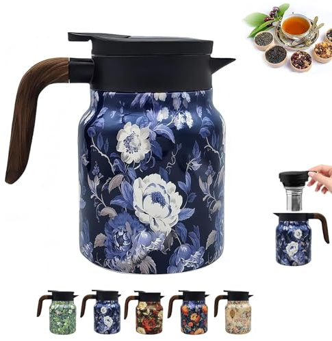 Infinite Teekanne, Bloom on Hotpot Teapot, Vintage-Teekanne mit Blumenmuster – Eingebautes Teesieb, Isolierte Vintage Geeignet für heiße und kalte Getränke (Blau(1L),1000ml)