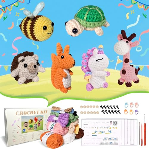 Alutaba Häkelset für Anfänger, 6pcs Amigurumi Tiere DIY Häkeln Set | Häkelset mit Garn & Zubehör, Video, Anleitung, Strick-Set für Häkelliebhaber, DIY-Fans & Einsteiger, Tolles Geschenk