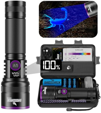 Shadowhawk 365nm UV Taschenlampe, 30W Schwarzlicht 4-Kern Mit Filterlinse | Aufladbar UV Lampe, UV Licht Flashlight Für Bernstein,Tierurin-Test,Resin Härten,Scorpions,Geldscheinprüfung, Mit LCD-Display