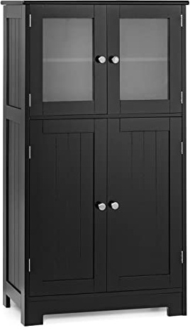COSTWAY Badezimmerschrank, mit Glastüren & verstellbarem Regal, Badschrank Hochschrank Holz, Badkommode Aufbewahrungsschrank für Badezimmer, Küche, Wohnzimmer (Schwarz)