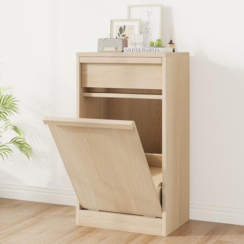 CherishCradle Armoire Poubelle de Cuisine en Bois de 38 L, avec Tiroir à Rangement, Meuble Commode pour Poubelle, Ouverture par Anti-animaux, Style Moderne, Idéal pour Cuisine et Chambre
