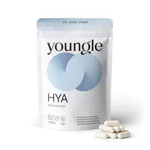 Youngle Hyaluron Kapseln – Hautelastizität & Hydration – vegan, gentechnikfrei, für Haut, Gelenke & Bindegewebe – Hochreine Qualität, Geprüft in Deutschland – 60 Kapseln