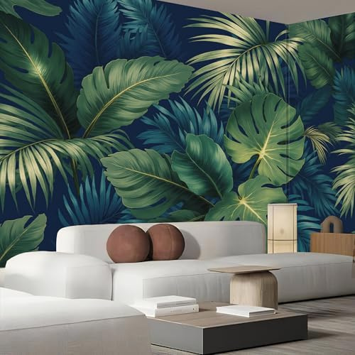JEDTAKCT Papier Peint 3D Effet Panoramique Photo Muraux 400X280Cm, Poster Mural Jungle Tropicale À Feuilles Plantes Exotiques Geant Mural Salon Chambre D'Enfants Décoration Murale, Vert Forêt