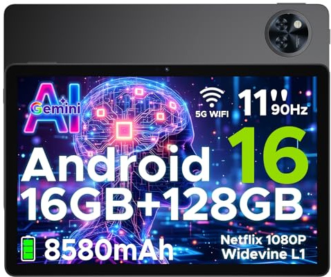 U11 Android 16 Tablet 11 Pollici Gemini AI 16GB RAM +128GB ROM (2TB TF) 8580mAh Gaming Tablet Unisoc T7200 Octa-Core 13MP+5MP Tablets PC WIFI 5/ GMS/ WidevineL1/ 3.5mm Audio/GPS/Face ID/OTG,Nero