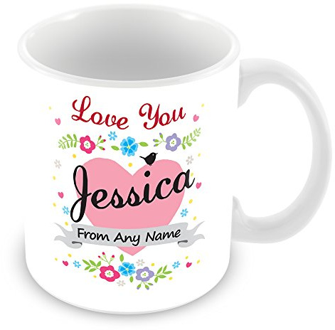 Personalised Mug with Name Jessica - Love Heart & Flowers Design Cup