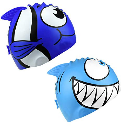 SIVENKE Set di 2 Cuffie da Bagno Cuffie da Nuoto in Silicone per Bambini per Ragazze e Ragazzi Squalo di Pesce Blu scuro + blu chiaro