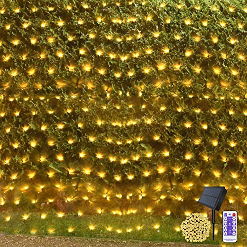 4.5 x 1.5m Solar Net Lights Outdoor Mesh Light for Bushes,Outside Solar Garden Lights Christmas Fairy Light with Remote for Balcony Fence Yard Decor(Warm White)
