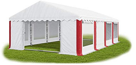 Das Company Partyzelt 6x8m Lagerzelt Universalzelt Pavillon mit Moskitonetz weiß-rot mit Bodenrahmen und Dachverstärkung Pavillon Zelt 240g/m² PE Plane wasserdicht Gartenzelt Summer Plus IPEM