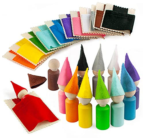 Ulanik Kleine Steckpuppen mit Hüte und Betten Montessori Spielzeug ab 3 Jahre + Baby Puppen Sensorik Holzspiele zum Sortieren Farben Lernen — 12 Zwerge