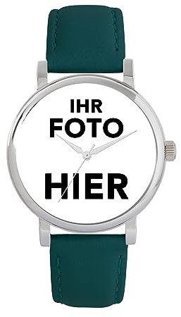Toff London Personalisierte Fotogeschenke für Frauen, analoge Anzeige, japanische Uhr mit Quarzwerk und dunkelgrünem Lederarmband, individuell gravierte Uhr