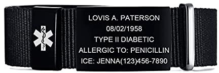 FLHEART Personalisierte Medizinische Alert ID Armband | Einstellbare Sport Nylonband Gürtelschnalle Für Allergie Diabetiker | Herren Damen, Angepasst, Schwarz