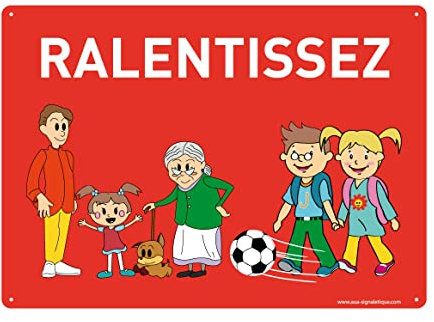 AUA SIGNALETIQUE - Panneau Prépercé (4 Trous) avec Angles arrondis - PVC Rigide 1.5 mm - (300 x 210 mm, Ralentissez Présence Enfants)