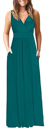 AUSELILY Ete Robe Longue Femme Maxi Robe V Col sans Manches avec Poches Vert foncé L