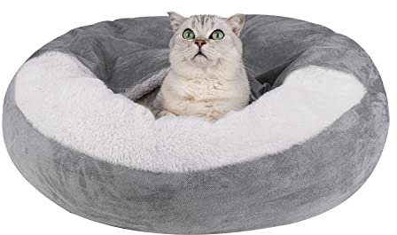 MICOOYO Lit à capuche pour chien, lit douillet en forme de beignet pour chien, chat et chiot (taille S, gris)