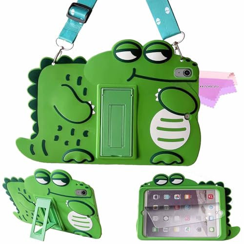 ESSTORE Coque Enfant pour iPad Air 5 2022/iPad Air 4 2020 10,9 + Protecteur D'écran, Mignon Animé 3D Silicone avec Bandoulière & Support Étui Housse de Protection Antichoc, Dinosaure