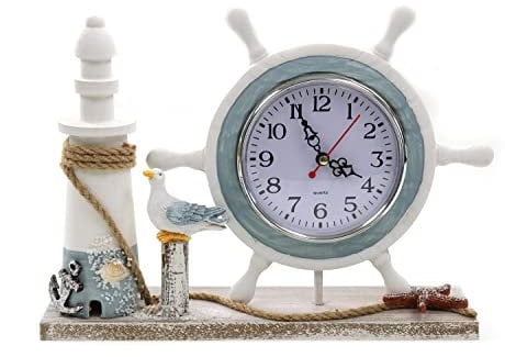 ELLUG Maritime Standuhr als Steuerrad aus Holz mit Uhr auf maritimen Podest zum Aufstellen, 21 * 28cm, Vintage Stehdekoration für Badezimmer Schlafzimmer Küche