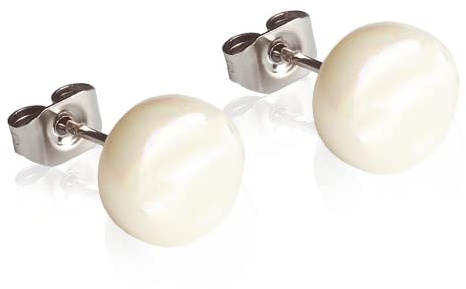 Runde Ohrstecker mit Stein in Perlmuttoptik • Bunte Ohrringe für Damen • Nachhaltiger Modeschmuck aus Edelstahl & Glas • Ø 8mm