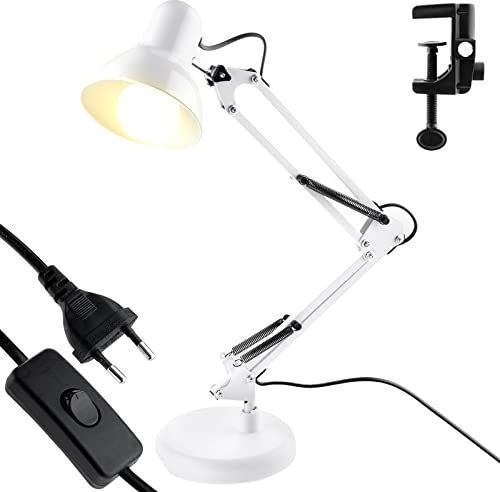 Lumiled Schreibtischlampe klassisch Leselampe Weiß Tischleuchte Tischlampe Verstellbarer Arm Arbeitsleuchte Nachttischlampe mit E27 Fassung Retro aus Metall Kinderzimmer Arbeitszimmer mit Klemme