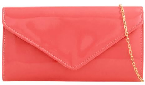 fi9® Borsa in pelle lucida per matrimonio, serata, festa, pochette, borsa a mano, Corallo, M