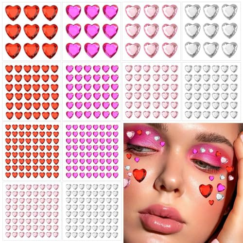 Dazzhues 436 Stück selbstklebende Herz-Strasssteine aus Acryl Herz-Edelsteine für Gesicht Haare Körper glitzernde Herz-Juwelen Kristall-Aufkleber für Valentinstag Dekoration Nagelkuns DIY-Handwerk