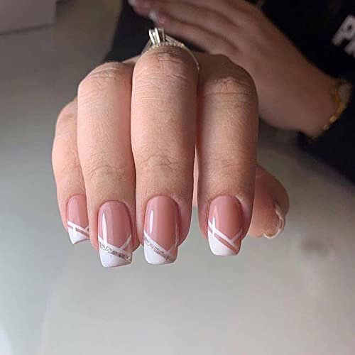 Ceboic Nägel Zum Aufkleben Kurz, Nude Pink Glänzend French Künstliche Nägel, Eckig Kunstnägel Press on Nails mit Nagelkleber Aufkleber, 24Pcs Ballerina Acrylnägel Falsche Nägel für Frauen und Mädchen