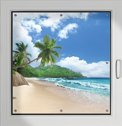 Wallario Lichtschutzbild, Dekorativer Sichtschutz Sonnenschutz 96 x 93 cm mit Motiv: Urlaub auf den Seychellen unter Palmen am Sandstrand - Verdunklungsrollo ohne Bohren