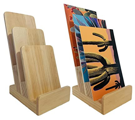 Eleganter 3-stöckiger Literaturhalter aus Kiefernholz, dreifach gefalteter Prospekthalter, Flyerhalter, Postkarten-Display und Arbeitsplattenständer aus Holz, 2 Stück