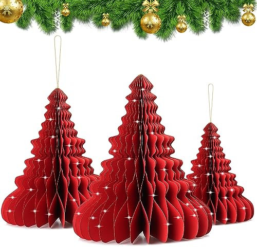 Papier Weihnachtsbaum Deko 3er Set Deko Tannenbaum Wiederverwendbare Weihnachtsbäume Wabenbälle aus Pappe Deko Weihnachten Weihnachtsbaum grün zum Hängen oder Stellen 15-24-32cm (Rot)