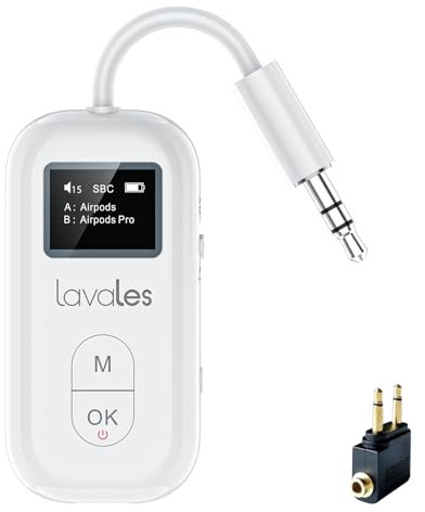 Lavales Bluetooth 5.3 Audio Transmitter Receiver für 2 Airpods, Geringe Verzögerung, 25 Stunden Autonomie Empfänger Adapter, 3,5mm AUX Audio Sender Klinke für Flugzeug, TV, Stereoanlage (Weiß)