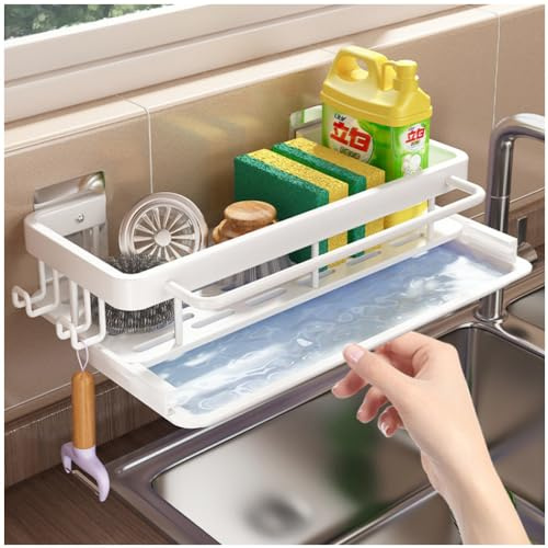 Wall Mounted Kitchen Sink Caddy, No Drilling Sponge Holder (White) | for Sink Tidy, Washing Up Organiser with Removable Drip Tray and Hooks