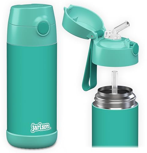Jarlson® Trinkflasche Kinder Edelstahl CHARLI mit Strohhalm - Thermosflasche 350ml - TÜV geprüft - BPA frei - auslaufsicher - Thermo Wasserflasche für Schule, Kindergarten - Türkis, 350 ml