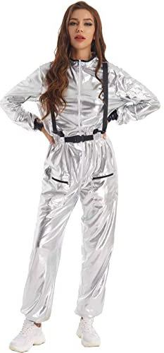 Jugaoge Damen Metallic Jumpsuit Lang/Kurz Overalls Langarm Body Loose Fit Ganzkörperanzug mit Reisverschluss Raumfährerin Astronautin Cosplay Uniformen in Silber Silber M