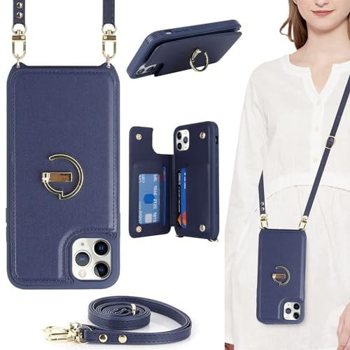 ELTEKER for iPhone 12 Pro Max Phone Case with Card Holder and Strap,PU Leather Wallet Case Flip Cover with Crossbody Lanyard Strap for iPhone 12 Pro Max (6.7 Inch) - Blue