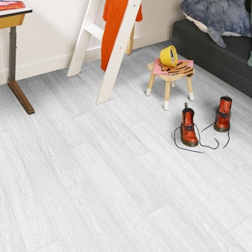 VINYL FLOORING UK White Wood Effect Anti-Slip Vinyl Flooring forLivingRoom, Hallways, Kitchen, 2.0mm Thick Cushion Backed Vinyl Sheet, Waterproof Lino Flooring-2m(6'6) X 2m(6'6)-4m²