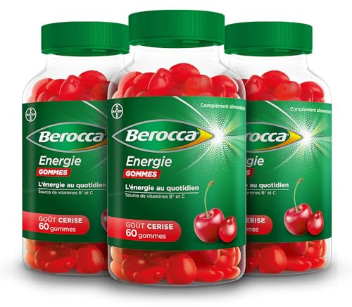 Berocca® Energie gommes - Multivitamines Complément alimentaire - Source de vitamines B* et vitamine C - Réduction de la fatigue, donne de l'énergie au quotidien - Goût Cerise - 3x60 gommes