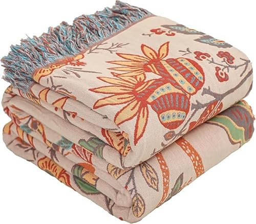 HOORDRY Boho Throw Blanket for Sofa, 100% Cotton Super Soft Floral Print Bed Throw For All Season,80×90 Rustic Vintage Throw Suitable for Chair Table Couch,Green & White