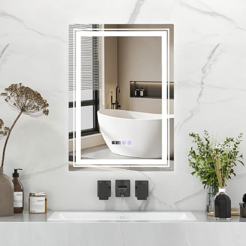 COSTWAY Bathroom Mirror with LED Lights, 700x500mm Illuminated Wall Mounted Vanity Mirror with 3-Color Dimmable, Time/Temp Display, Memory & Touch Switch, Anti-Fog Rectangular LED Makeup Wall Mirror