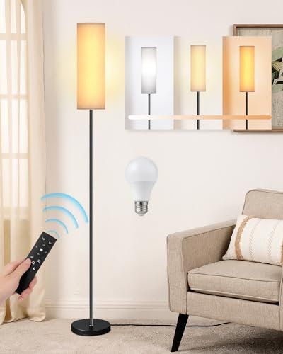 TONGLIN Stehlampe Wohnzimmer,9W LED Stehlampe dimmbar mit Fernbedienung und Fußschalter, 3 Farbtemperaturen, E27 Stehlampe Vintage mit Leinen Lampenschirm, Stehlampe Schlafzimmer, Studium