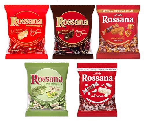 Mix Rossana Caramelle Ripiene di Crema Classica, al Cocco, Pistacchio, Cioccolato e Caramello Salato 150g [5 Confezioni]
