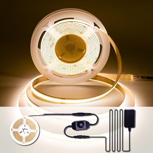 ACELUMO Ruban LED COB Blanc Chaud, Bande LED Dimmable avec alimentation et Variateur, CRI 92+, Largeur 8 mm, Ruban LED 3m pour Armoire, TV, Cuisine, Salon DIY, 2700K