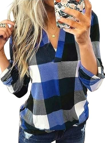 Cuptacc Top Damen Herbst Kariert 2024 Trend V-Ausschnitt Elegant 3/4 Ärmel Frauen Bluse Blau Mittel M 38-40