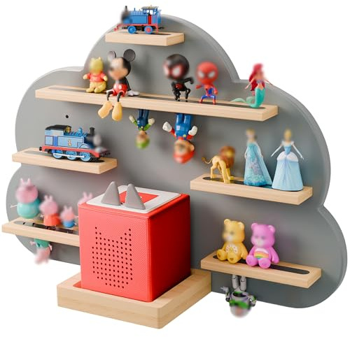 LUPWNEKA Cloud Tonies Shelf for Toniebox Storage - Unique Floating Magnetic Wall Shelves for 20-30 Tonie Figures, Beech Wood Display Tonie Shelf for Children Kids (Grey)