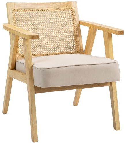 HOMCOM Armchair, Fabric Accent Chair with Rattan Back, Rubber Wood Frame and Padded Seat Cushion for Living Room, Bedroom, Home Office, Cream White Finish