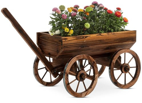 LA VANE Holz Pflanzwagen, Rustikal Massivholz Holzwagen Blumenwagen Blumenkarre Pflanztopf Blumenständer Blumenkasten Bollerwagen Gartendeko mit 4 Rädern Drainagelöcher für Garten Balkon Terrasse