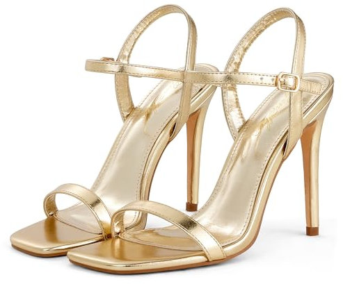 GENSHUO Femmes Bout Carré À Lanières Talons Aiguilles, 10 CM Bout Ouvert Talon Sandales Bride À La Cheville Chaussures Habillées, Doré, 40 EU