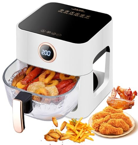 Friggitrice ad aria calda da 6 l, panoramica a 360°, friggitrice ad aria calda, 1300 W, senza olio, con touch screen LED digitale, 6 programmi, friggere senza olio, friggitrice ad aria (bianco)