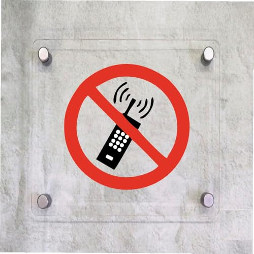 Global Targa Cartello in plexiglass Quadrato - SIMBOLO VIETATO L'USO DI TELEFONI CELLULARI - Con Distanziali in acciaio inox, Stampa UV (15x15 cm)