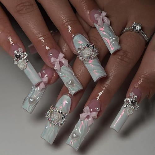 Faux Ongles Long MouyouGlow,Ballerine Cute Kawaii Rose Baby Blue French 3D Kitty Planète Bow Noeud Papillon Perle Floral Cœur Y2K Coquette Press on Nails avec Colle à Ongles, Fake Nails