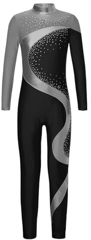 Yruioon Kinder Turnanzug Mädchen Langarm Gymnastikanzug Glitzer Ballettanzug Farbblock Ganzkörper Trikot Eiskunstlauf Body Sport Overall Jumpsuit Grau&Schwarz 146-152